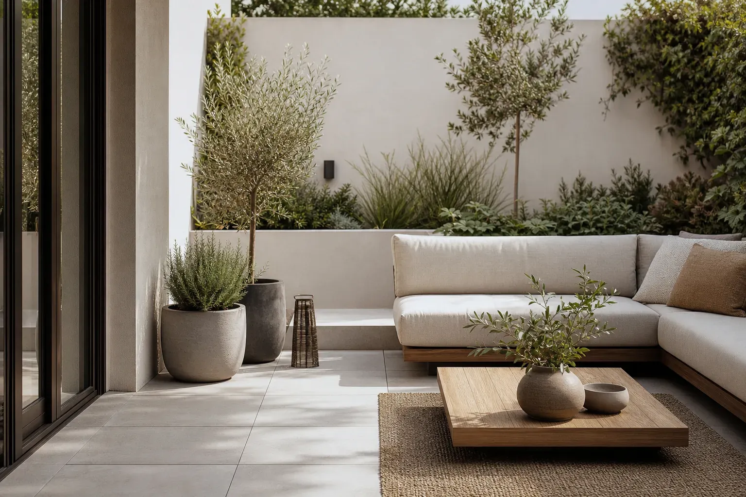 10. Minimalistische Terrasse mit einer Farbe und einem Material