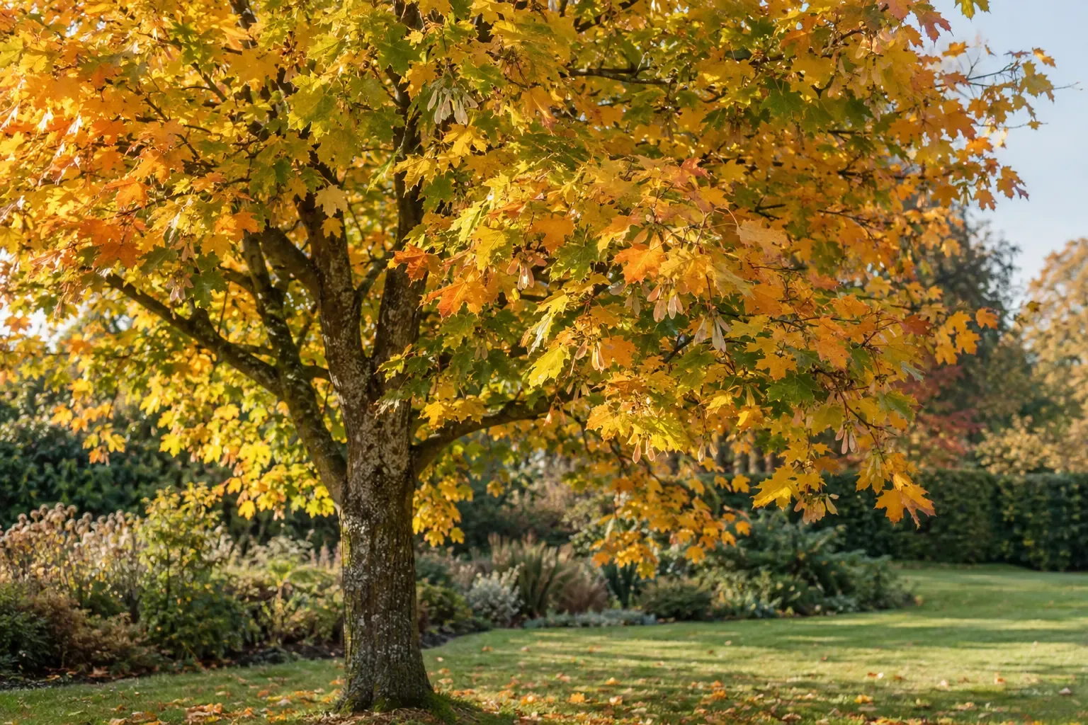 Feldahorn mit goldgelber Herbstfärbung im Garten