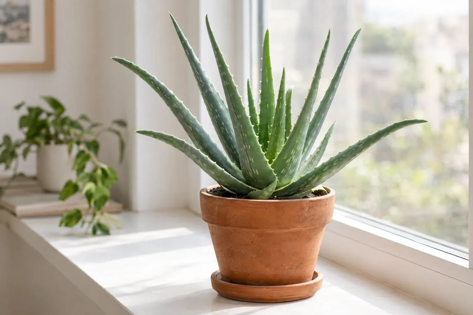 Gesunde Aloe vera in einem Terrakotta-Topf auf einer hellen Fensterbank