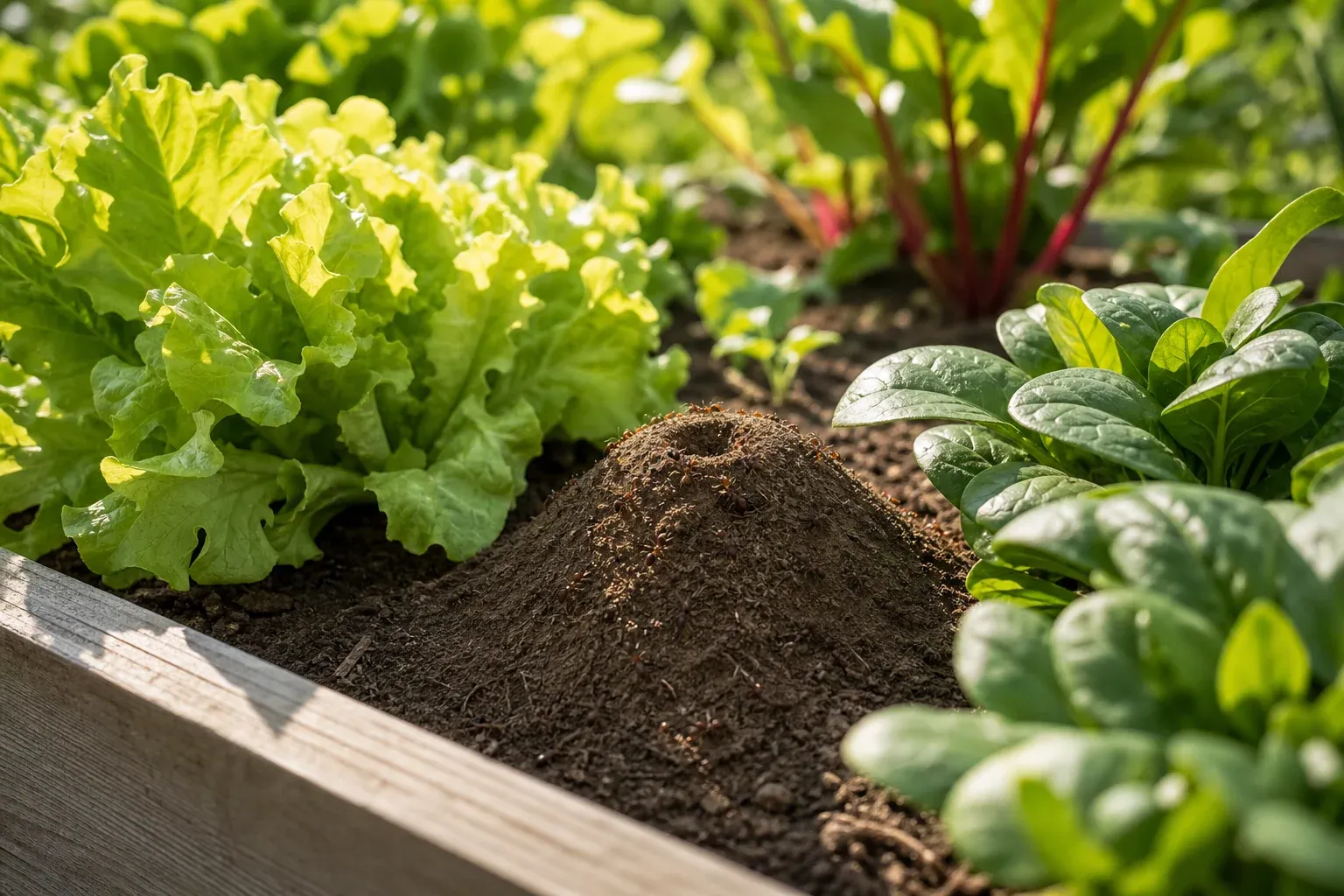 Ameisennest mit Erdhügel zwischen Gemüsepflanzen im Hochbeet