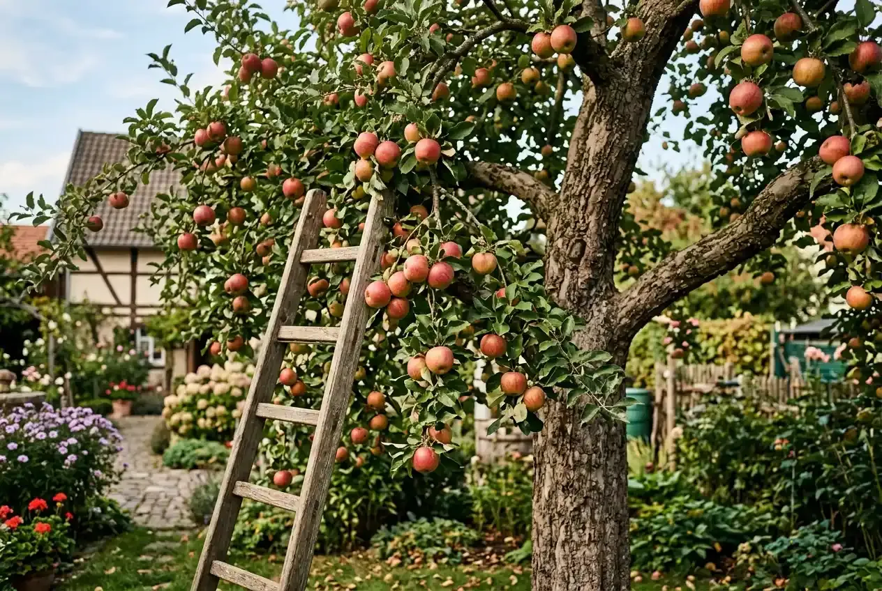 Reifer Apfelbaum mit zahlreichen roten Äpfeln im Spätsommer-Garten