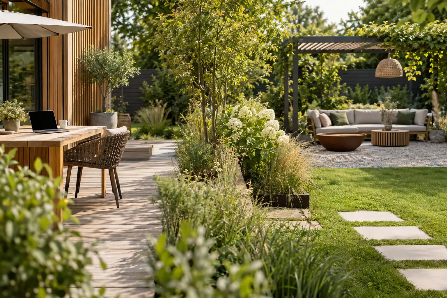 Arbeitsplatz und Erholungszone im Garten trennen