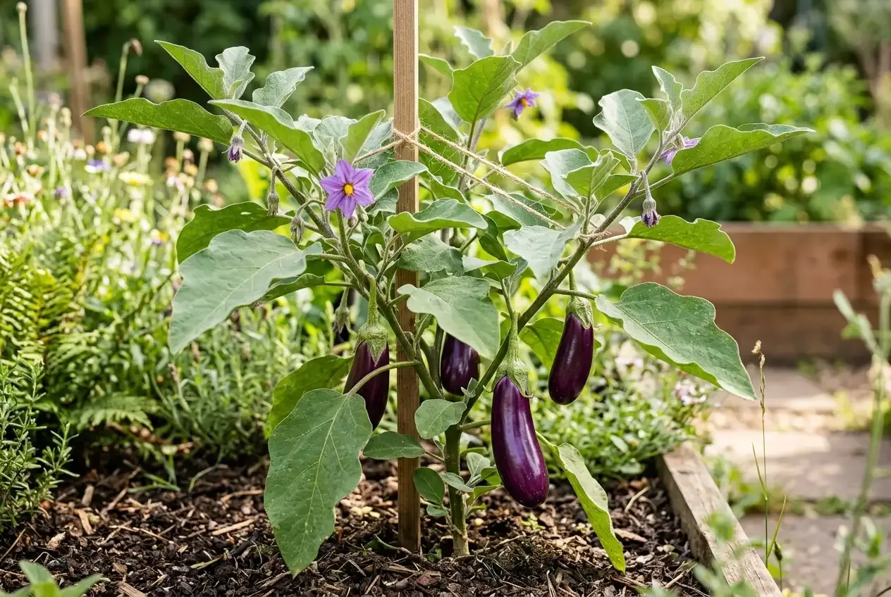 Auberginenpflanze mit glänzend dunkelvioletten Früchten und violetten Blüten im Garten