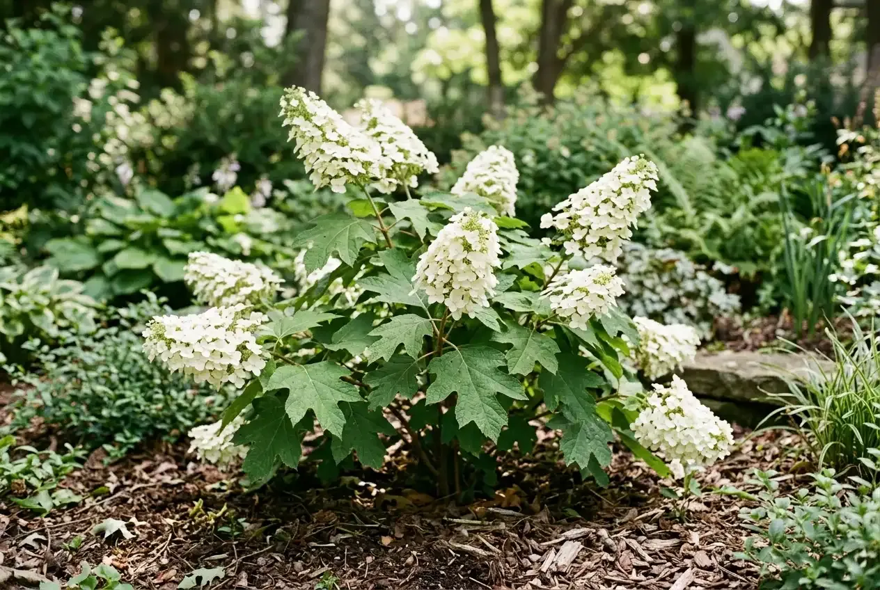 Eichenblatt-Hortensie mit gelappten Blättern und kegelförmigen weißen Blütenrispen im Gartenbeet