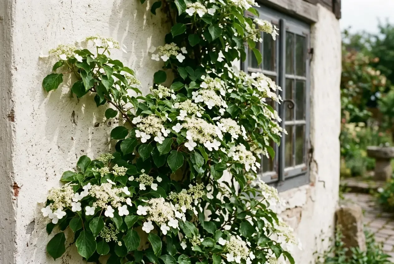 Kletter-Hortensie an einer schattigen Hausfassade mit weißen Tellerblüten