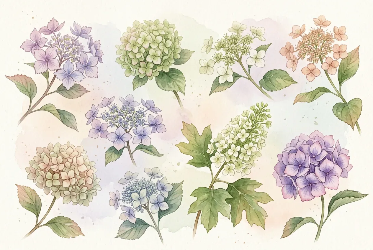 Verschiedene ausgefallene Hortensien-Arten mit unterschiedlichen Blütenformen und Farben im schattigen Gartenbeet