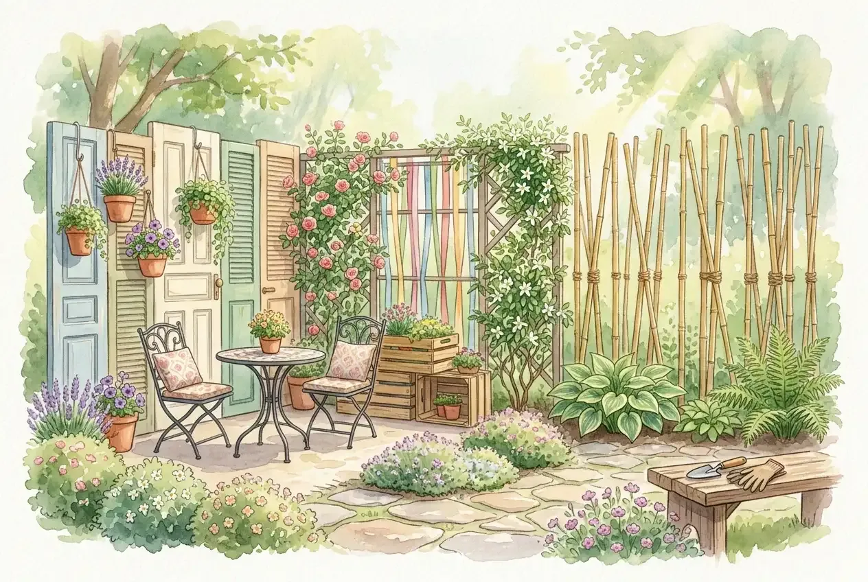 Selbstgebauter ausgefallener Sichtschutz aus Holz und Pflanzen in einem sonnigen Garten