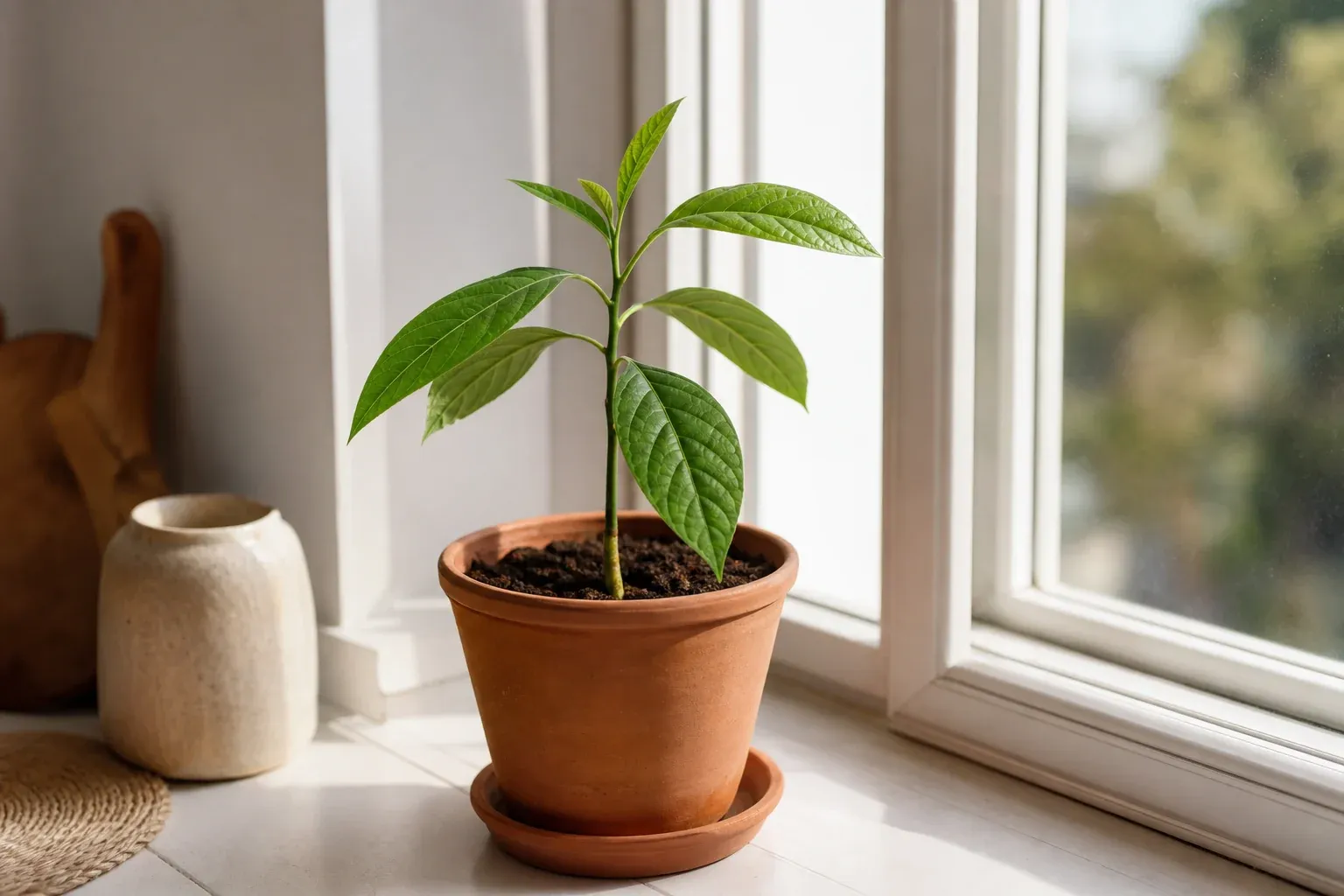 Junge Avocado-Pflanze mit grünen Blättern im Terrakottatopf auf der Fensterbank