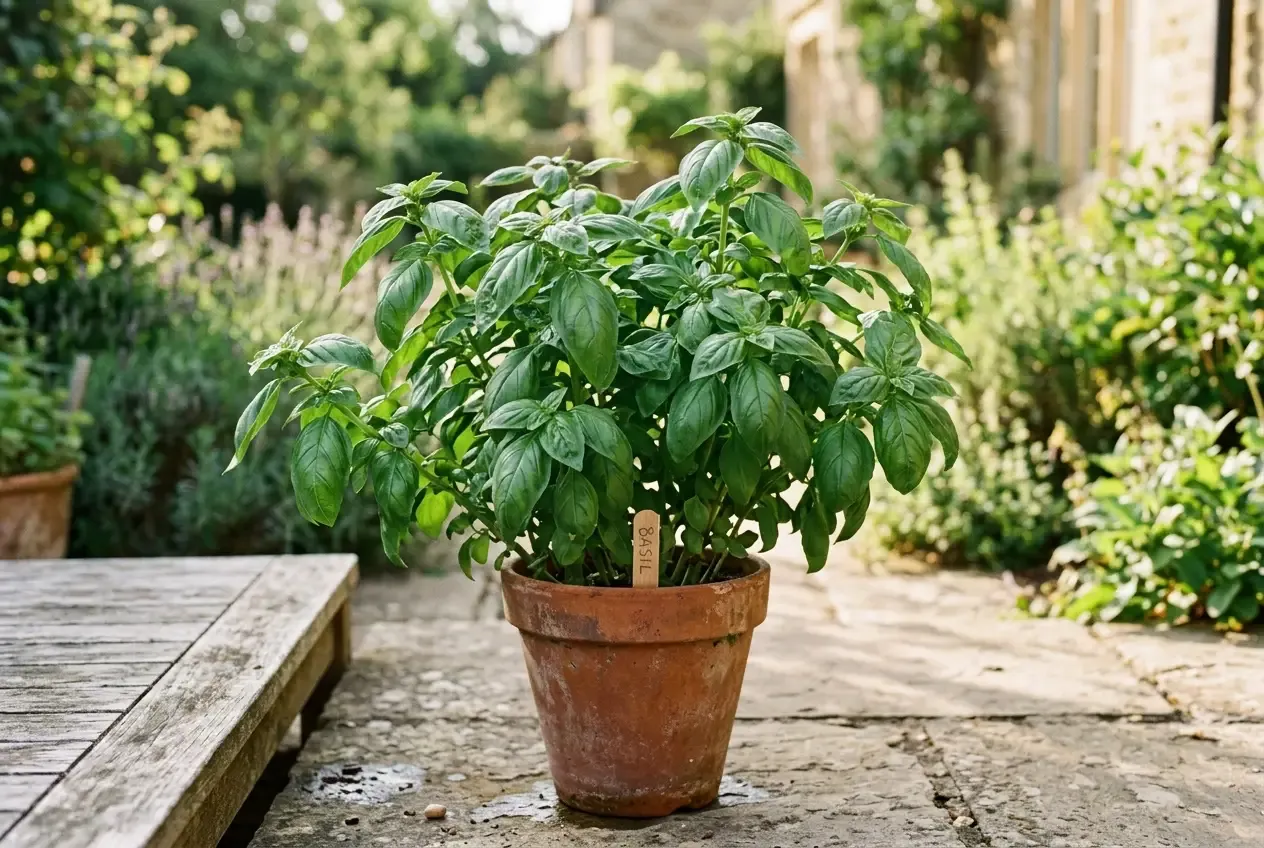 Buschiges Genovese-Basilikum in einem Terrakotta-Topf auf einer sonnigen Terrasse