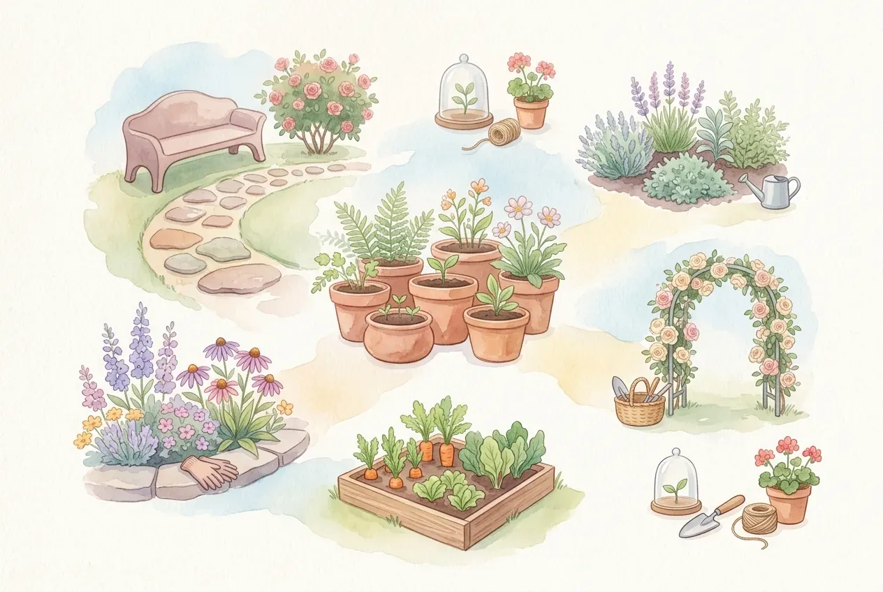 Farbenfrohes Staudenbeet mit Lavendel, Rittersporn und Sonnenhut in einem gepflegten Garten