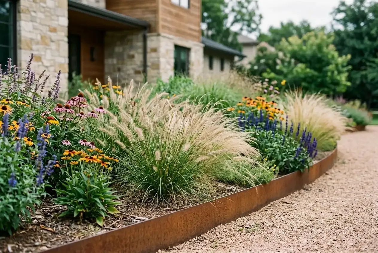 Modernes Staudenbeet mit Cortenstahl-Einfassung und Ziergräsern