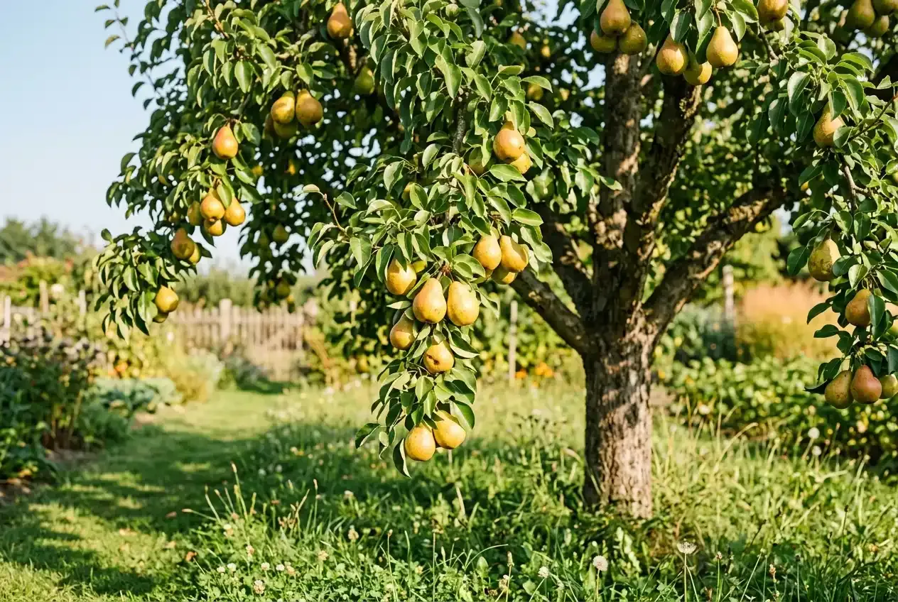 Birnbaum mit reifen goldgelben Birnen an den Zweigen im sonnigen Hausgarten zur Erntezeit