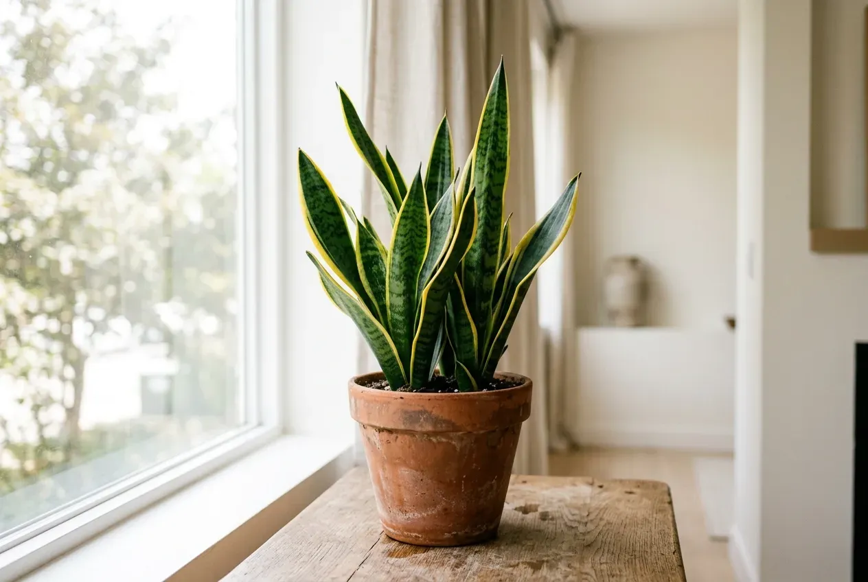 Bogenhanf (Dracaena trifasciata) mit typischer Blattzeichnung in einem Terrakottatopf auf einem Holzuntergrund