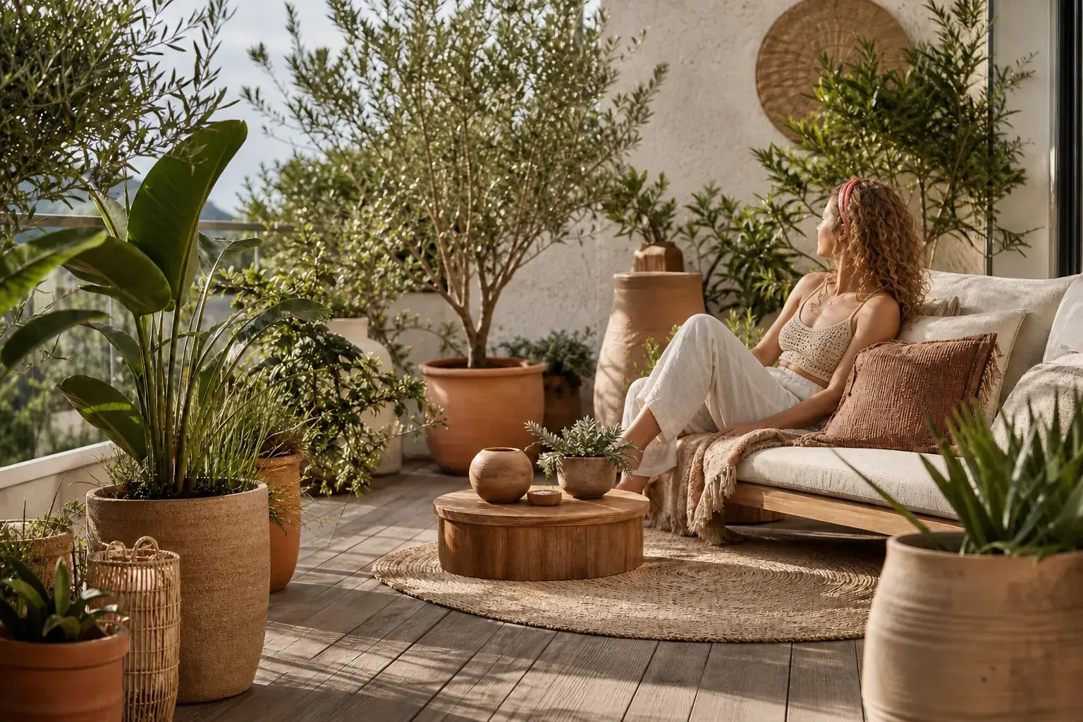 9. Boho-Outdoor mit Textilien und Topfvielfalt