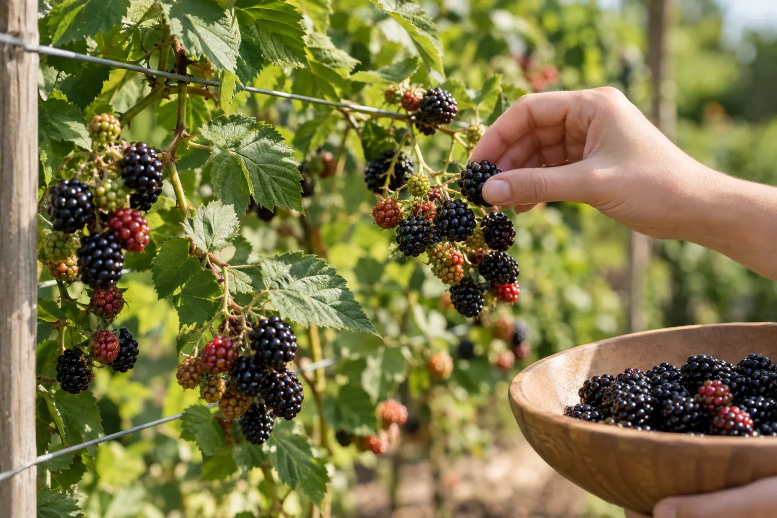 Reife schwarze Brombeeren am Spalier werden von Hand in eine flache Holzschale gepflückt