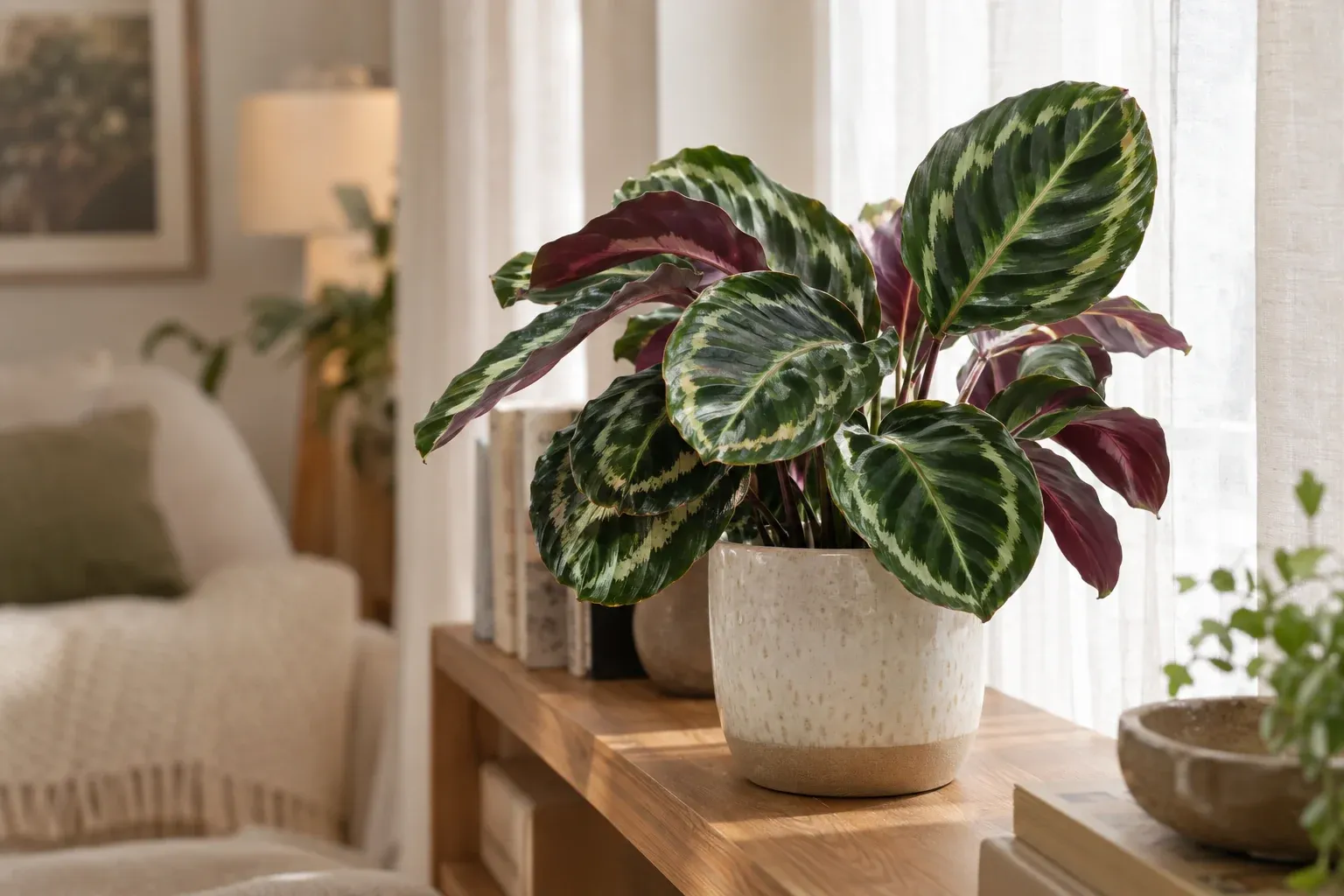 Calathea medallion mit gemusterten Blättern im Keramiktopf am hellen Fenster