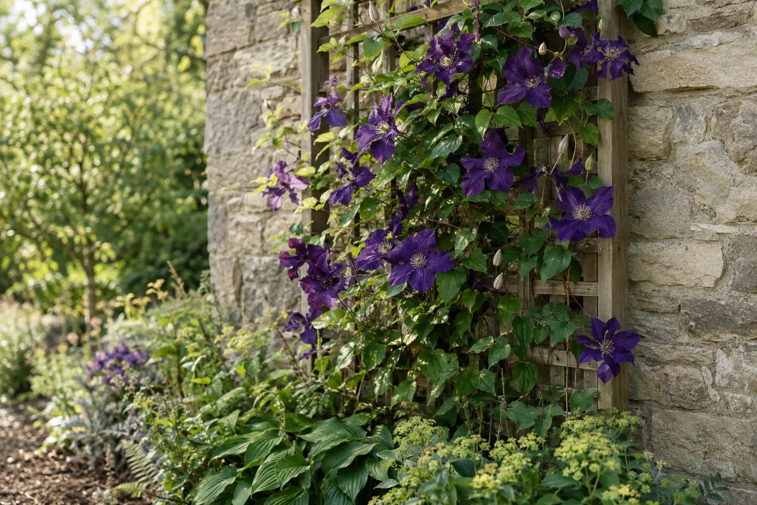 Blühende Clematis mit violetten Blüten an einem Rankgitter im Garten