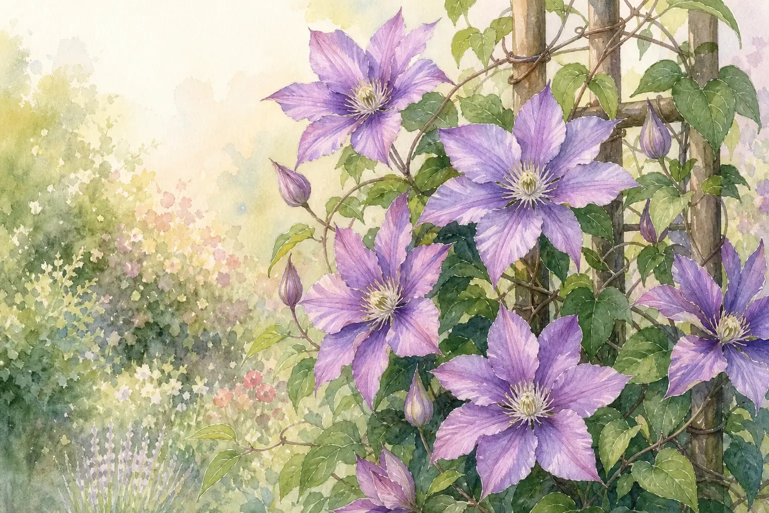 Blühende Clematis an einer Rankhilfe, die giftige Waldrebe im Garten