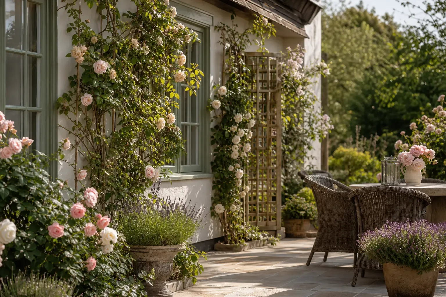 8. Cottage-Terrasse mit Rosen und Rankgitter