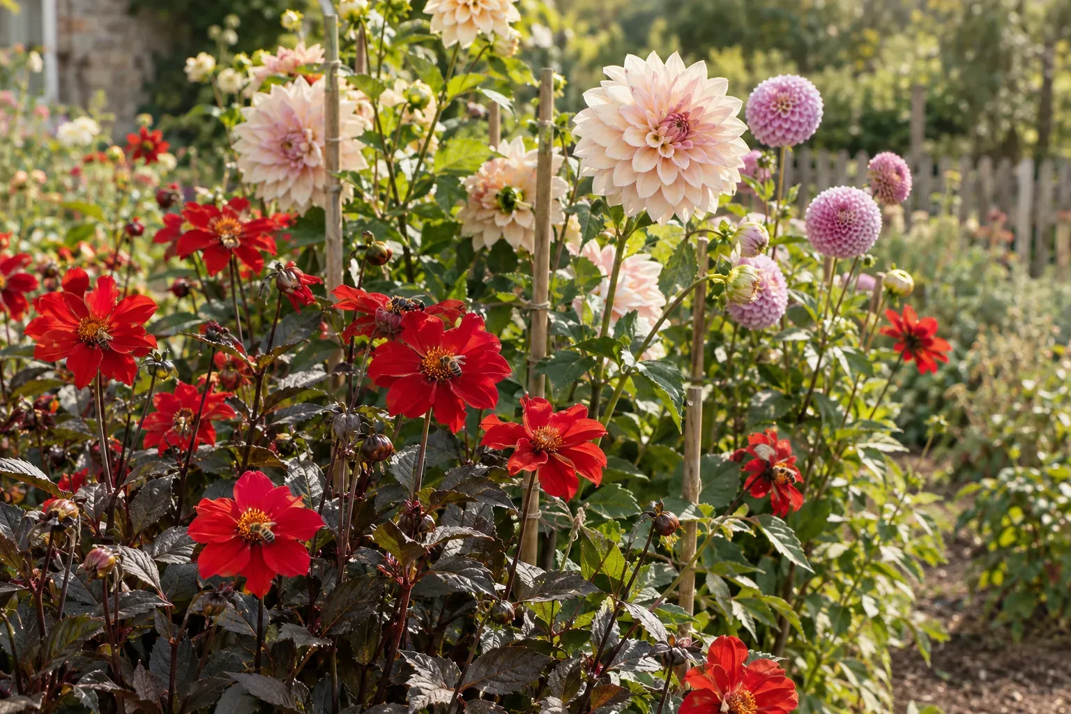 Blühende Dahlien in verschiedenen Formen und Farben in einem sonnigen Gartenbeet im Spätsommer