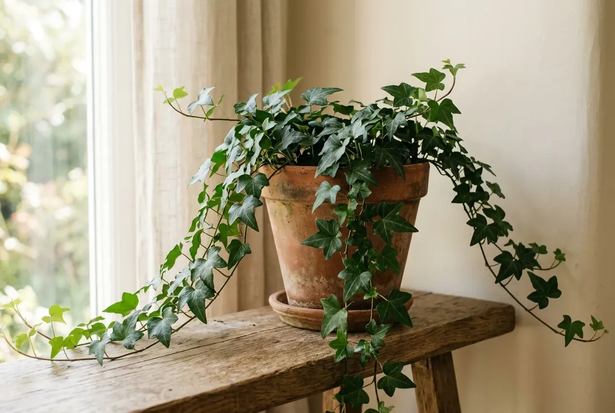 Efeu (Hedera helix) mit herabhängenden Trieben und dunkelgrünen gelappten Blättern in einem Tontopf auf einem Holzregal