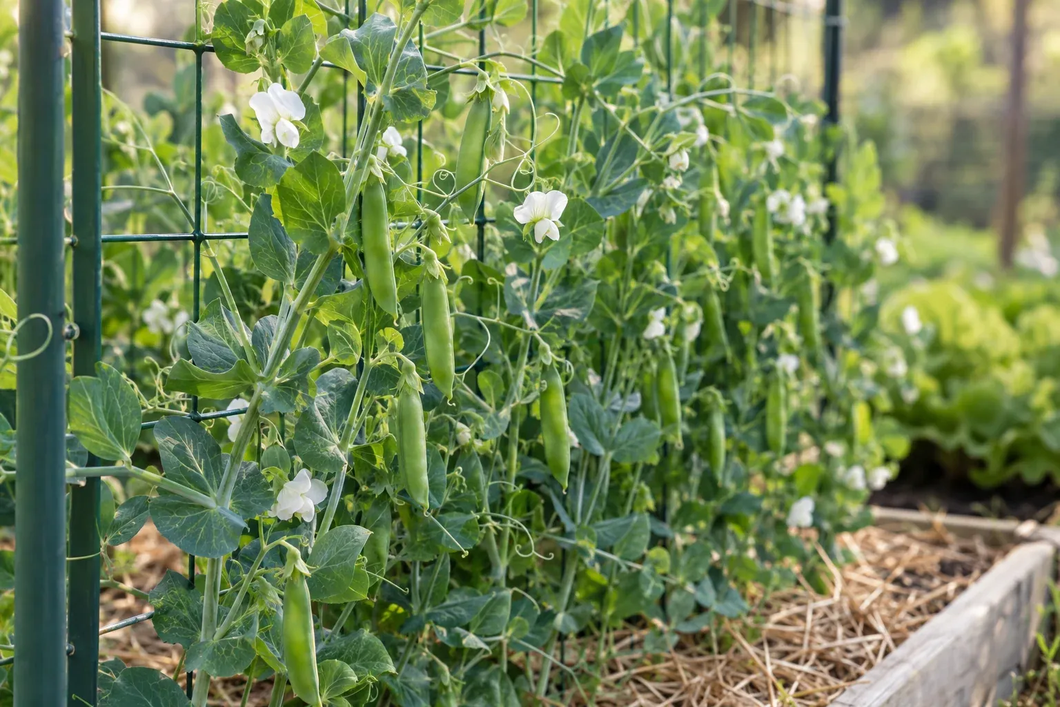 Erbsenpflanzen an einem Rankgitter im Gemüsebeet mit weißen Blüten und prallen grünen Hülsen