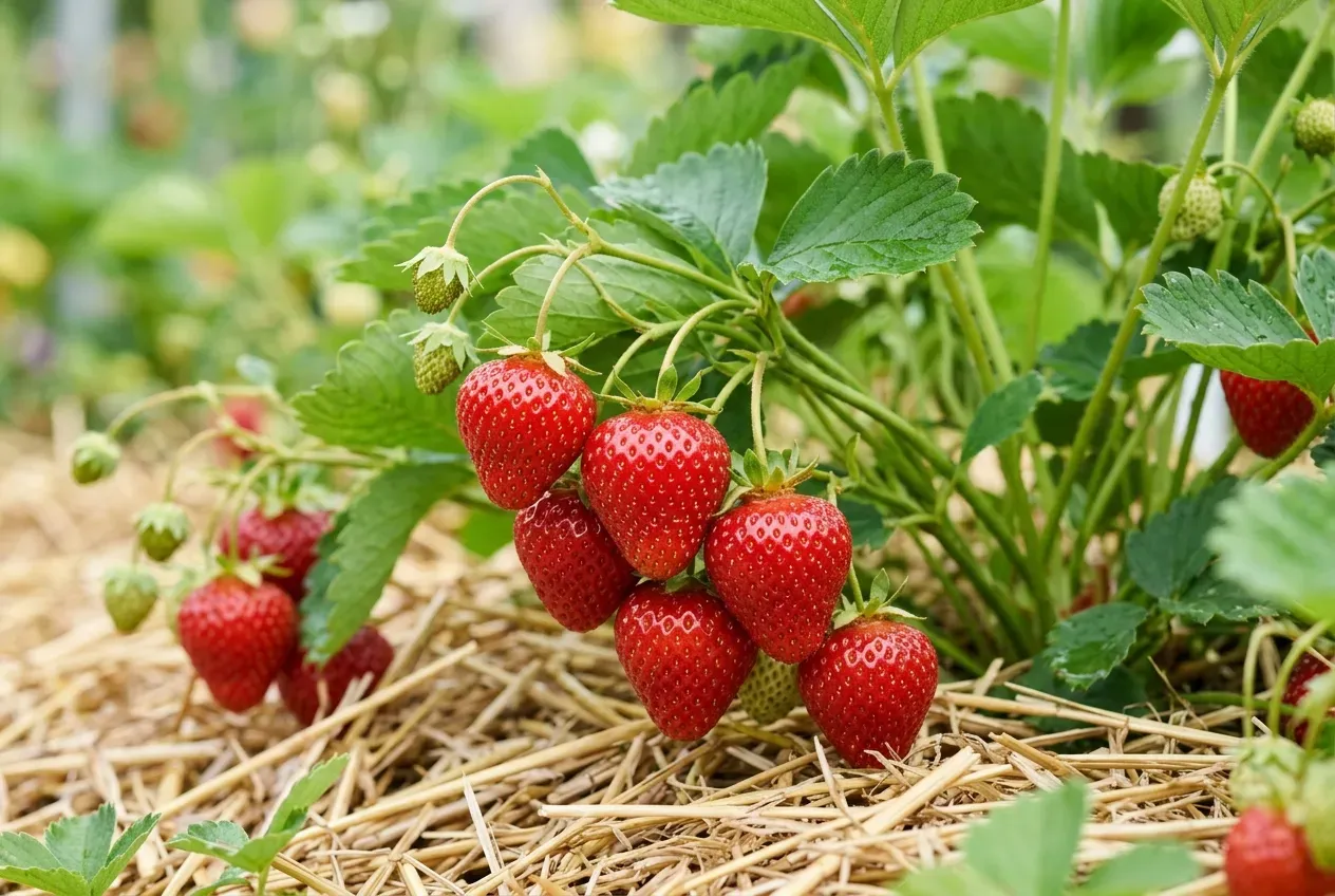 Reife rote Erdbeeren an der Pflanze mit Strohmulch im Gartenbeet