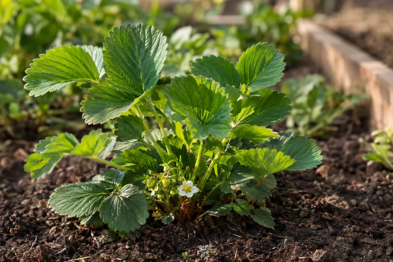 Gesunde Erdbeerpflanze im September mit kräftigem Herz und grünen Blättern
