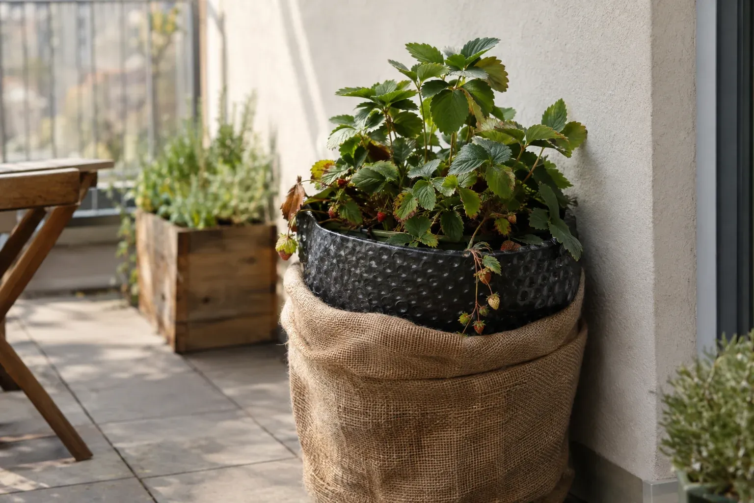 Erdbeeren auf dem Balkon überwintern: Topf mit Jute und Noppenfolie an der Hauswand