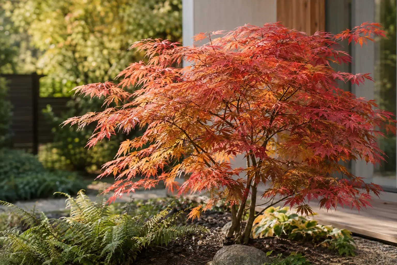 2. Fächerahorn (Acer palmatum) – Herbstfärbung für Halbschatten