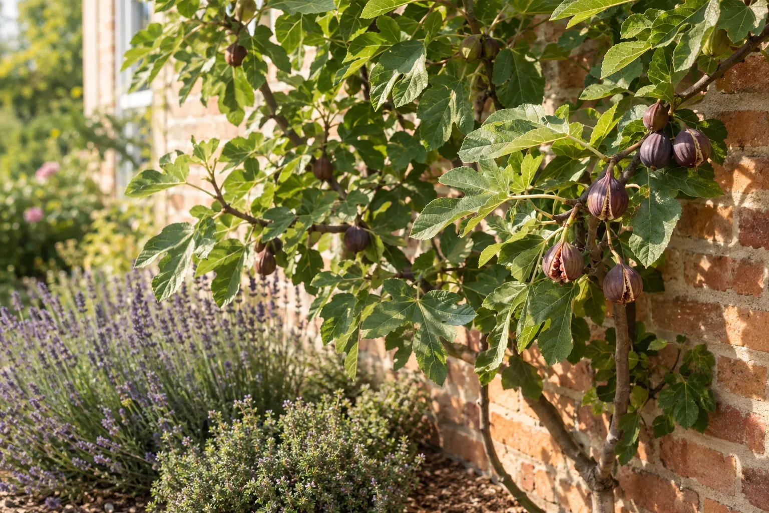 Feigenbaum an einer sonnigen Hauswand mit reifen violetten Feigen und Lavendel als Unterpflanzung