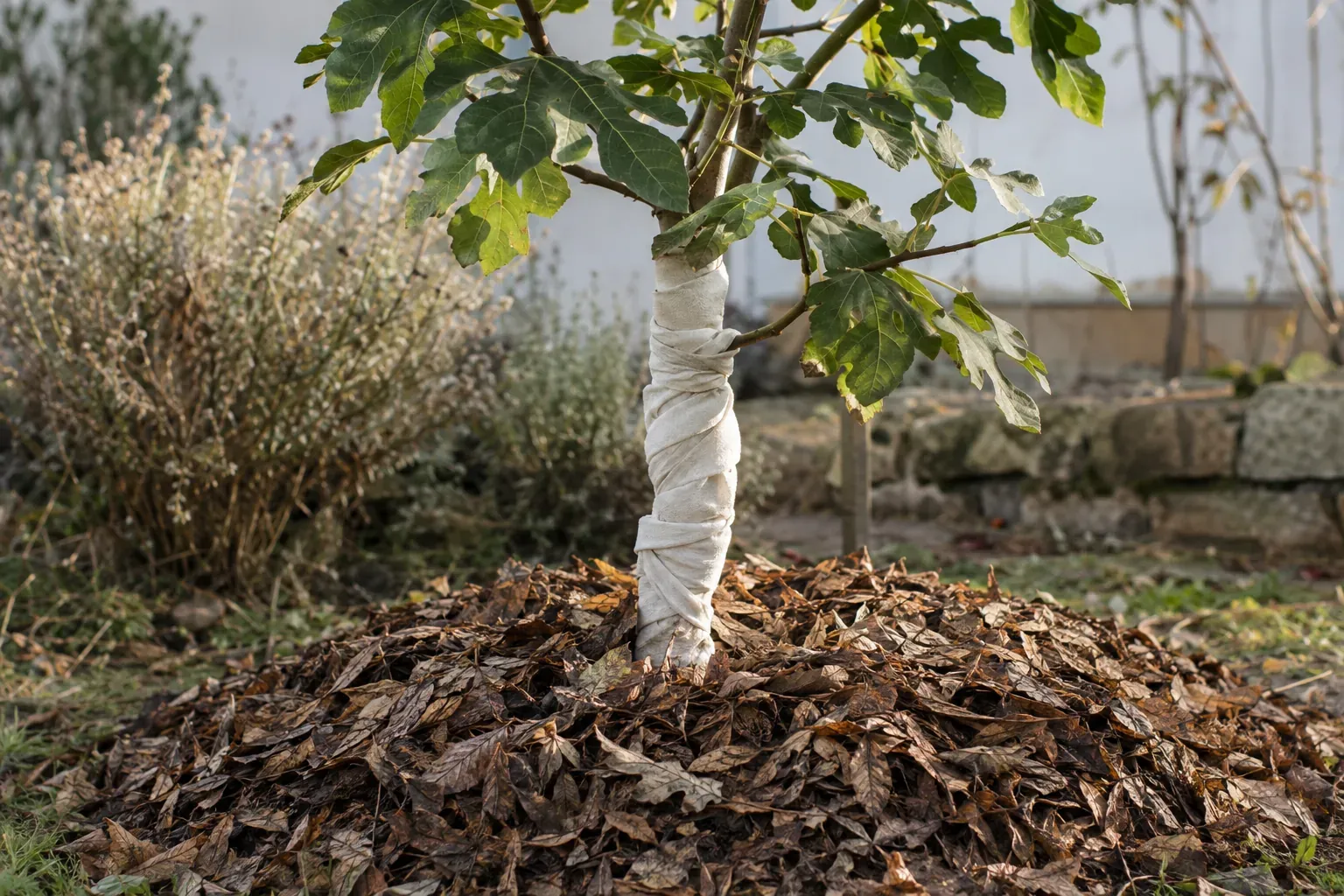 Freiland-Feige mit dicker Mulchschicht aus Laub am Wurzelbereich und eingewickeltem Stamm