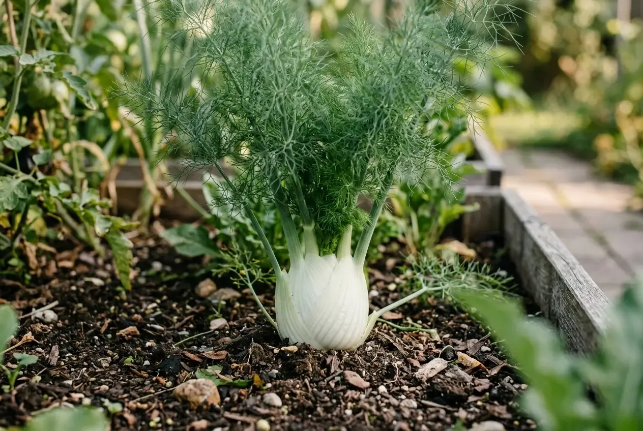Knollenfenchel mit weißer Knolle und fein gefiedertem Grün im Gemüsebeet