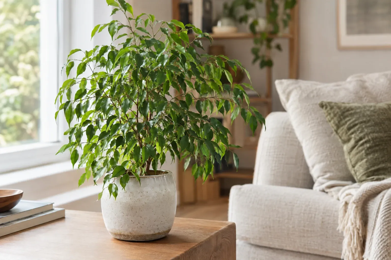 Ficus Benjamini als Zimmerpflanze mit glänzenden Blättern an einem hellen Fenster