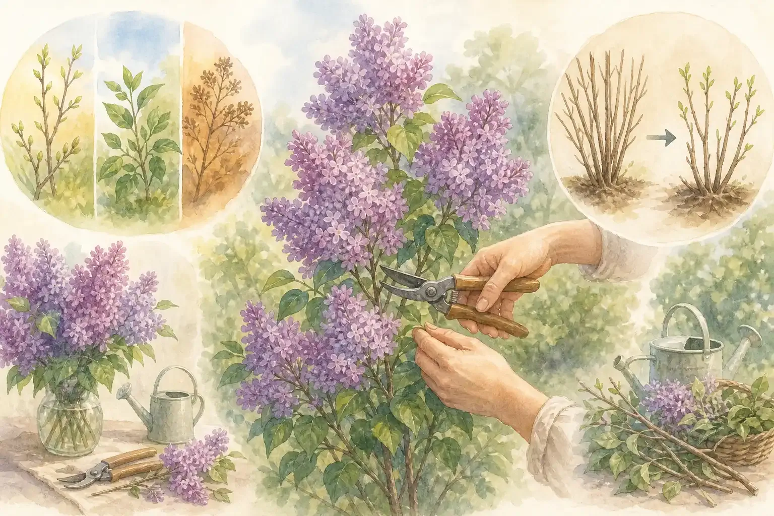 Flieder schneiden: Gartenschere entfernt verblühte Rispen an einem Syringa vulgaris Strauch