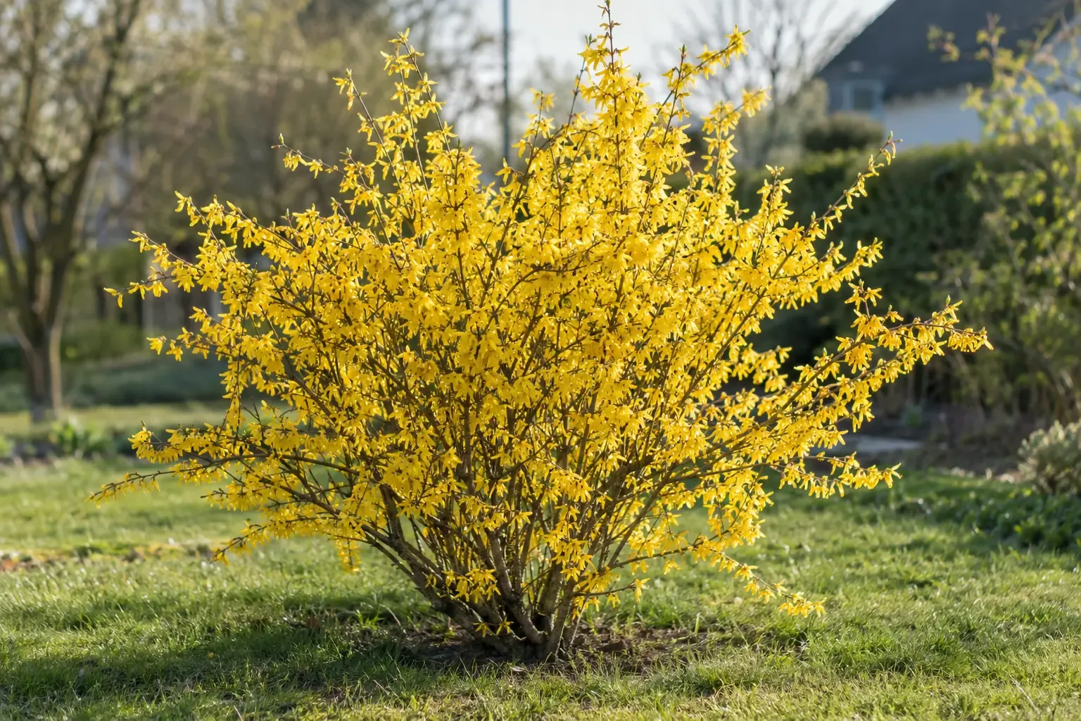 Blühende Forsythie im Frühjahr mit leuchtend gelben Blüten an überhängenden Zweigen im Garten