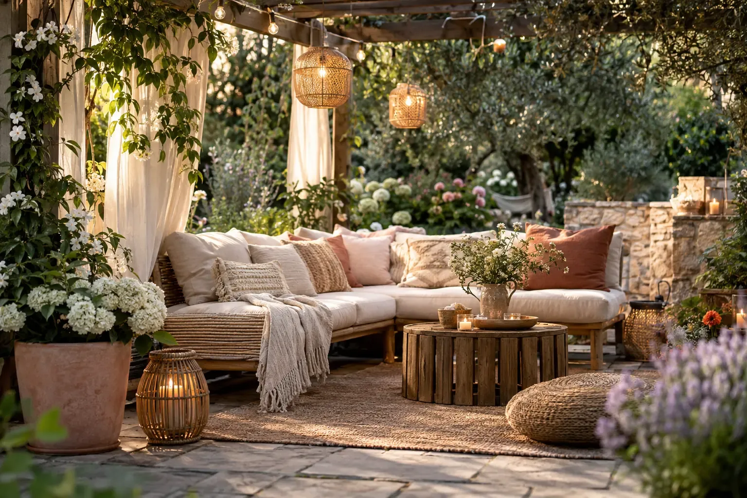 Garten-Sitzecke gemütlich dekorieren: Licht, Textilien, Boho Style