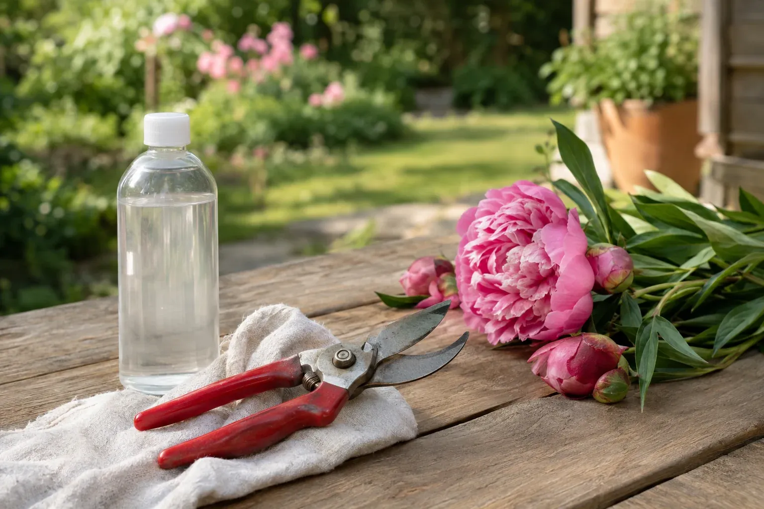 Gartenschere mit 70-prozentigem Alkohol desinfizieren