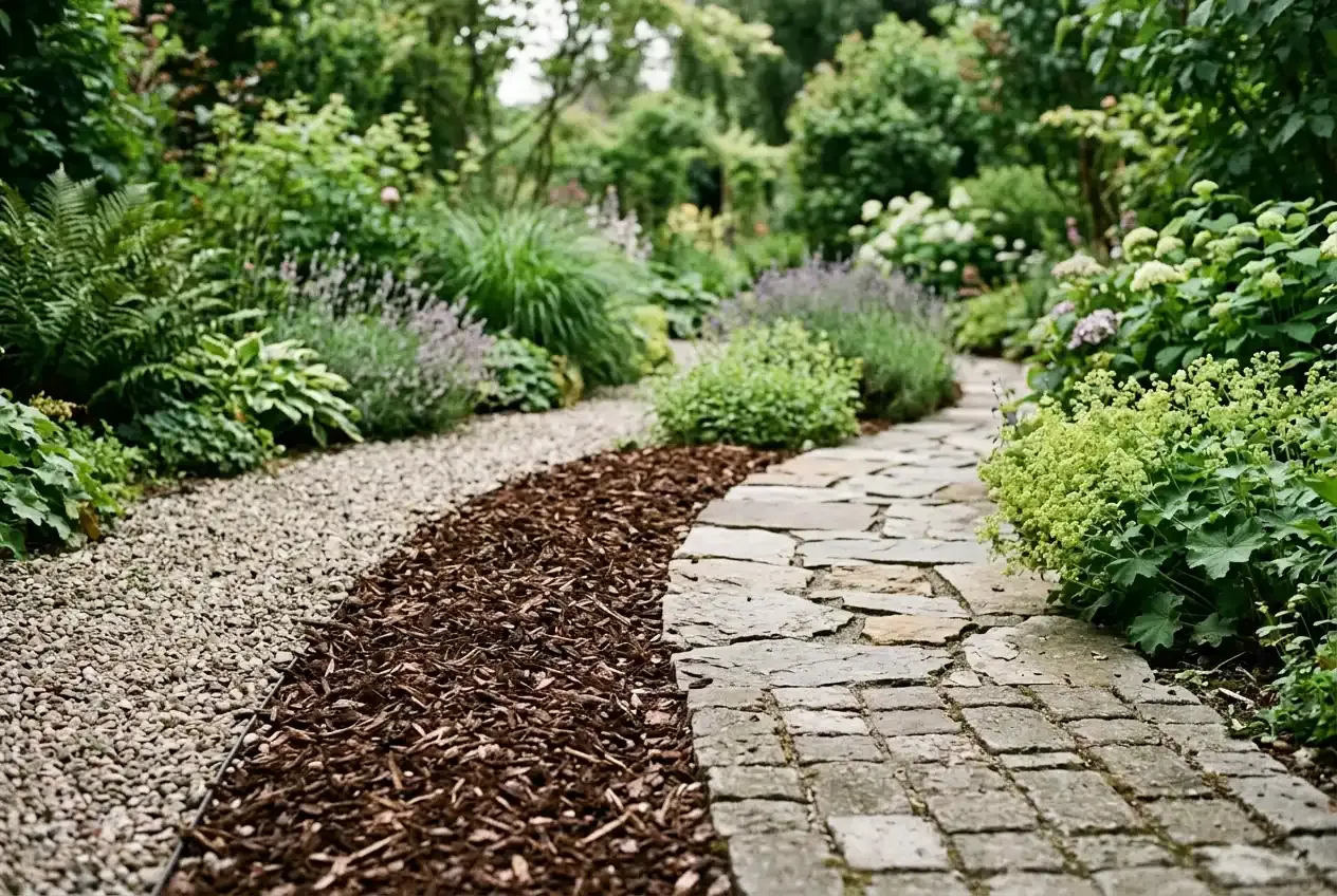 Verschiedene Gartenweg-Materialien nebeneinander: Kies, Rindenmulch, Naturstein und Pflastersteine
