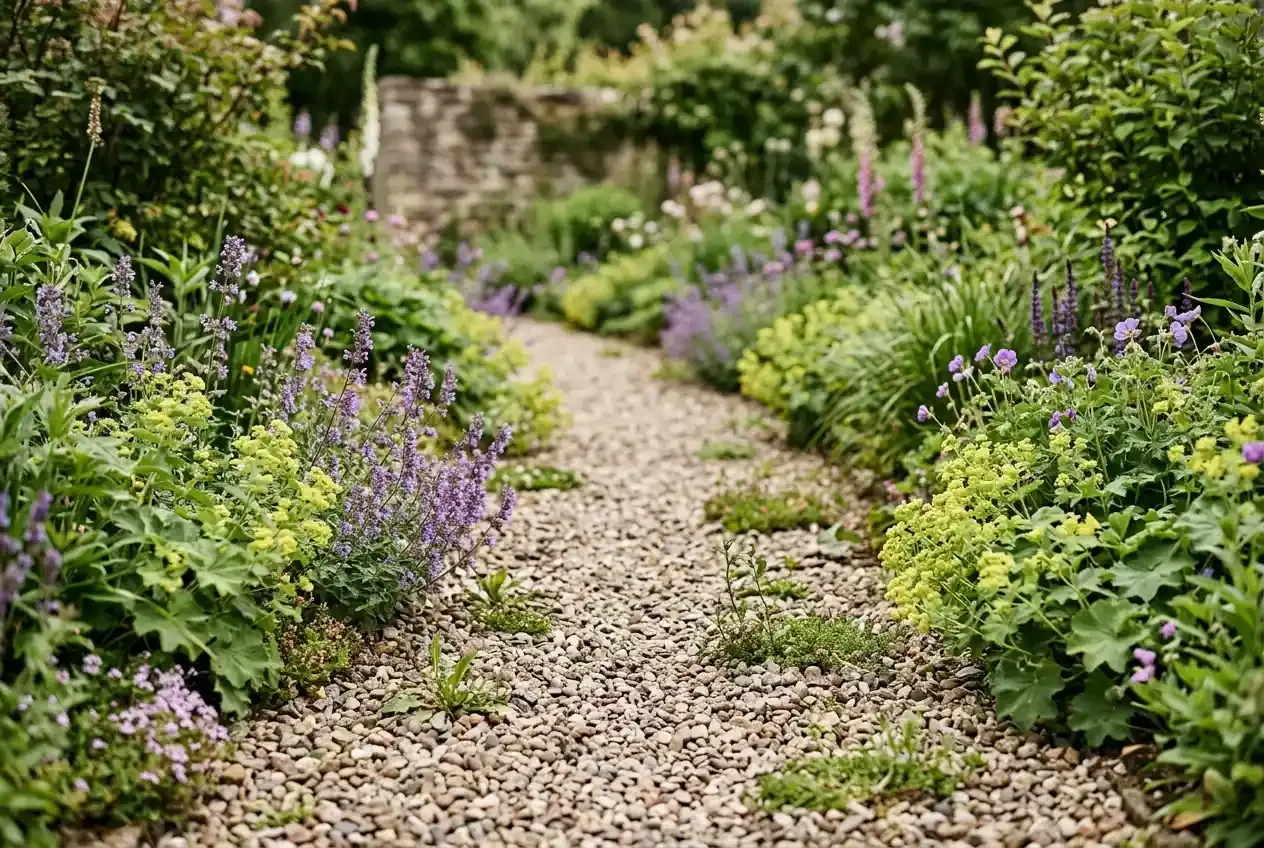 Naturnaher Gartenweg aus Kies mit blühenden Fugen-Pflanzen und Randstauden