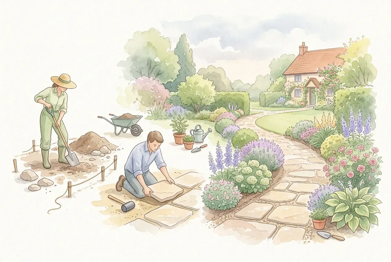 Geschwungener Gartenweg aus Natursteinplatten zwischen blühenden Staudenbeeten