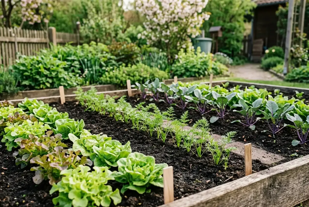 Gemüsebeet mit ordentlichen Reihen aus Salat, Möhren und Kohlrabi im Frühling