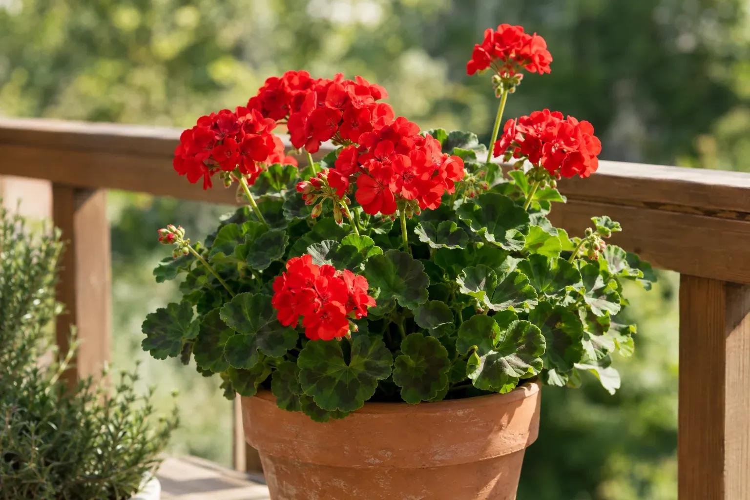 Blühende rote Geranie in einem Terrakotta-Topf auf einem sonnigen Balkon