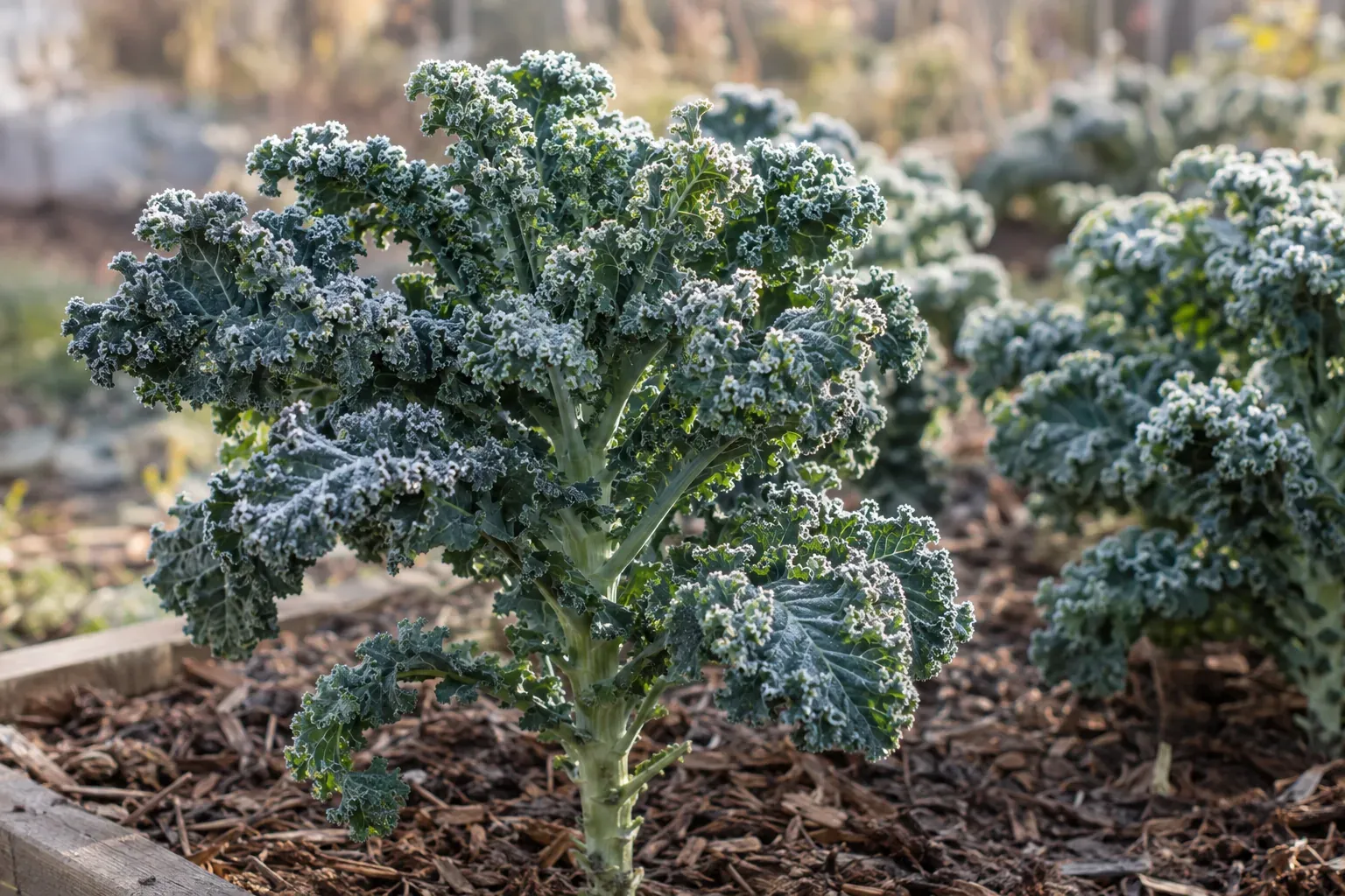 Grünkohl mit krausen, frostbedeckten Blättern im herbstlichen Gemüsebeet