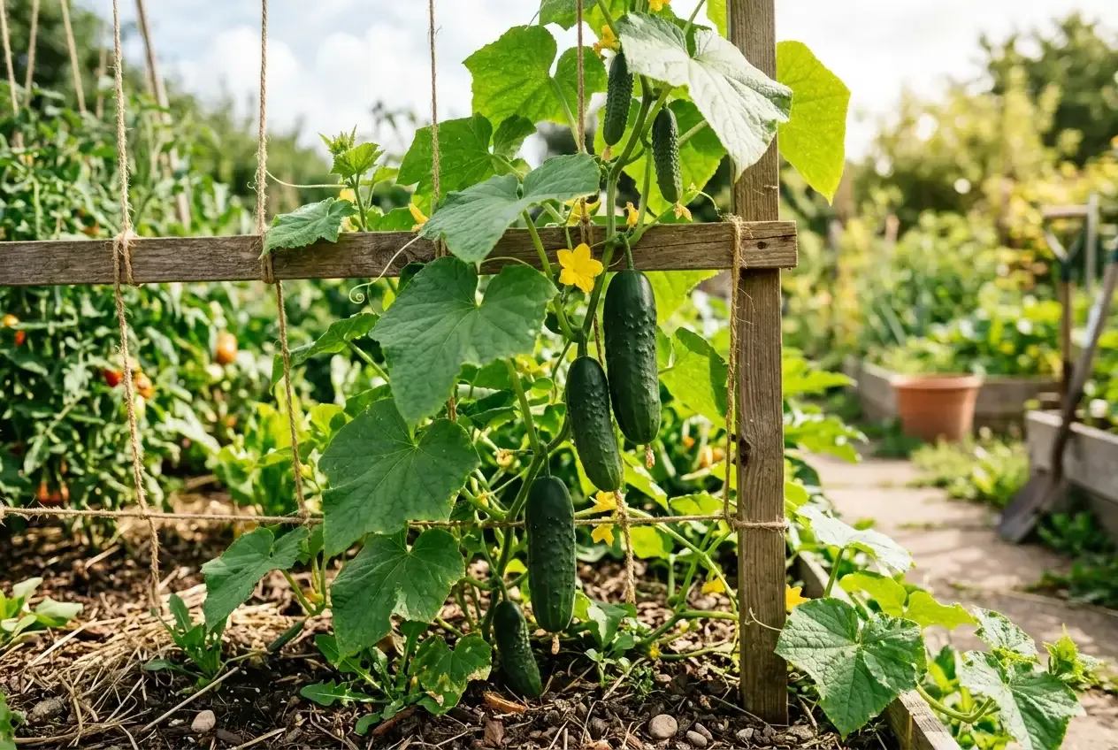 Gurkenpflanze mit grünen Früchten und gelben Blüten an einer Rankhilfe im Gemüsegarten