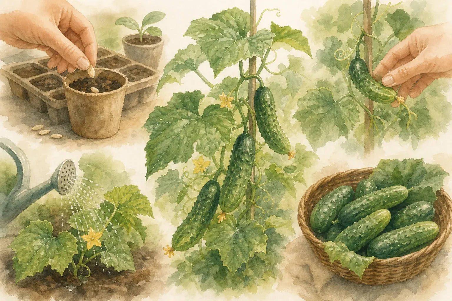 Gurken anbauen im Garten: Junge Gurkenpflanzen an einer Rankhilfe im Freiland