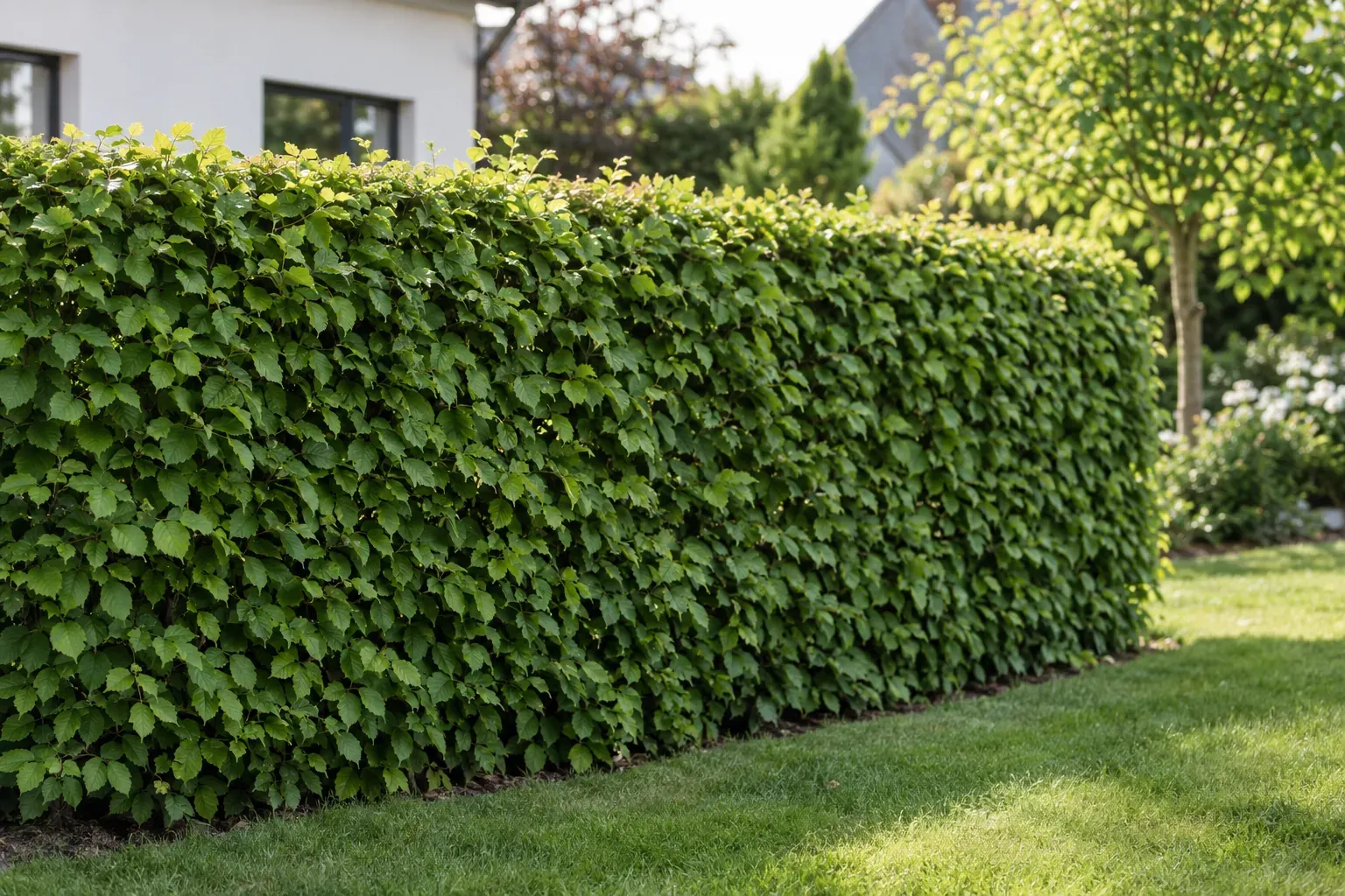 Dichte, frisch geschnittene Hainbuchenhecke mit grünem Laub an einer Gartengrenze