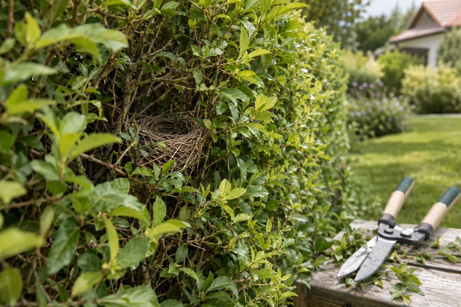 Hecke auf Vogelnester und Hindernisse prüfen