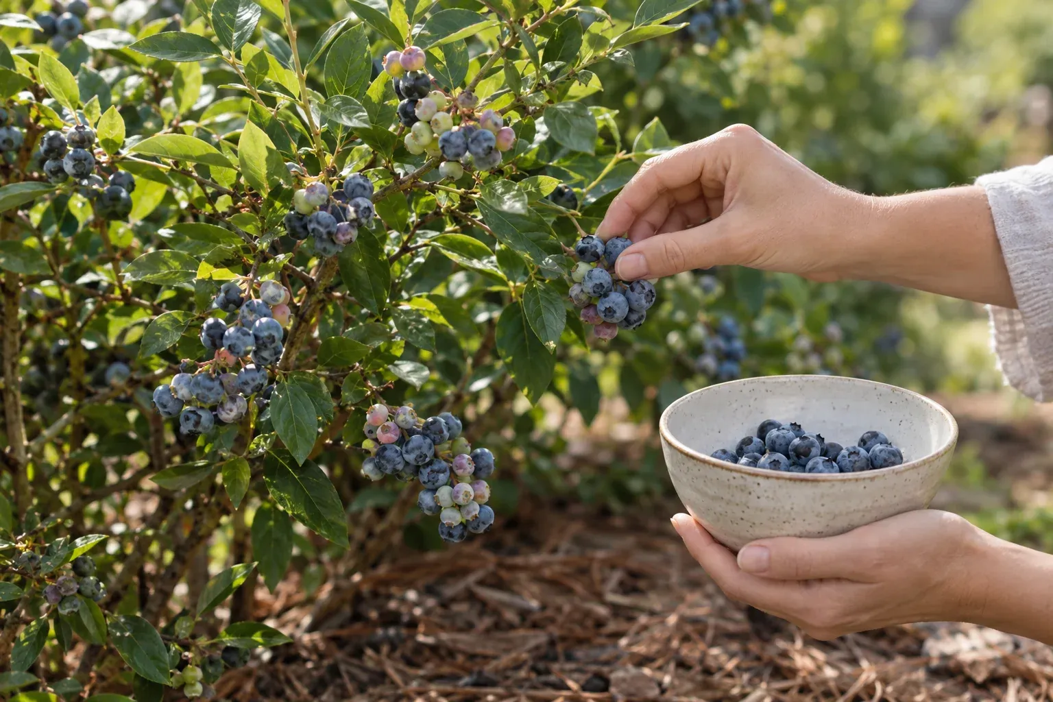 Heidelbeerstrauch mit reifen blauen Beeren bei der Ernte im Garten