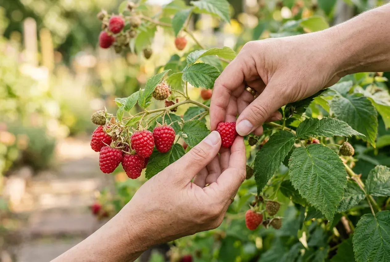 Reife rote Himbeeren am Strauch werden geerntet